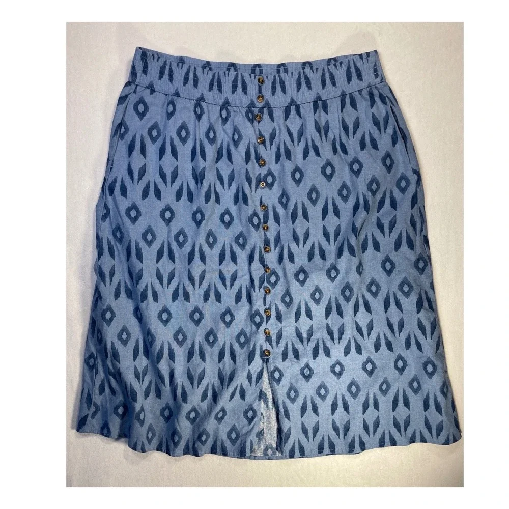 linen‎ blend blue ikat print midi skirt pockets L boho coastal cottage summer